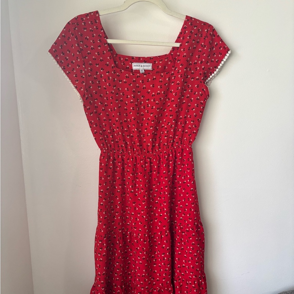 Red Floral Dress With Square Neck - image 1